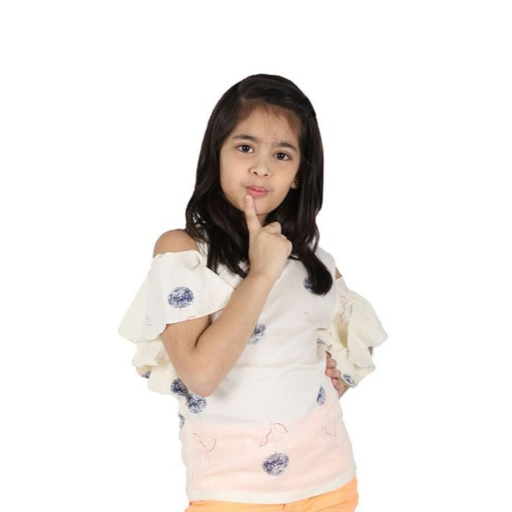 Girls White Floral Printed Cotton Top