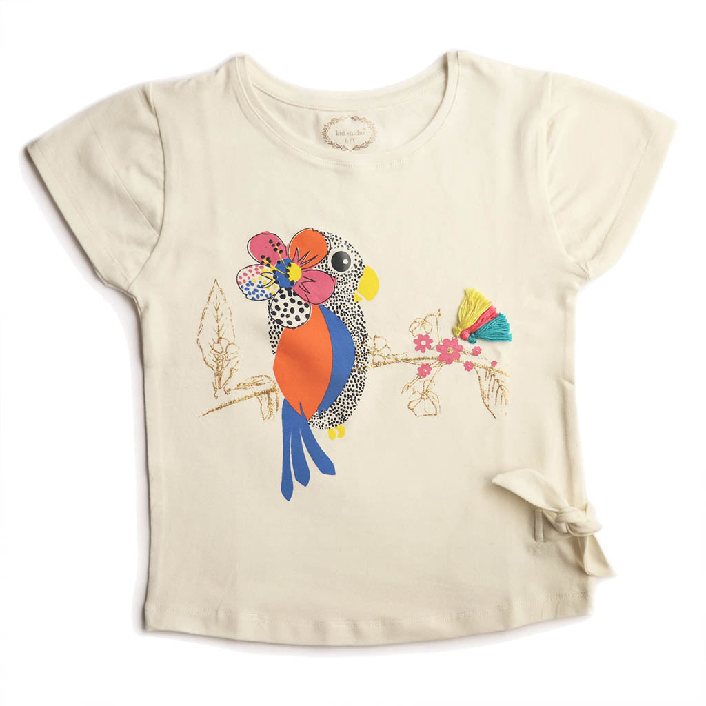 Girls Off White Parrot Print Top