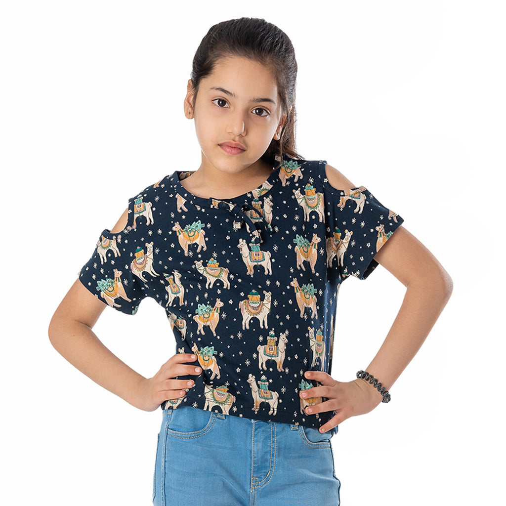 Girls Navy Blue All Over Camel Printed Crop Top
