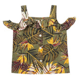 Girls Olive Green Printed Cotton Top