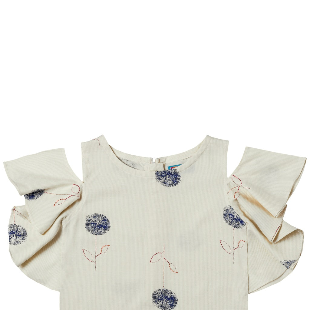 Girls White Floral Printed Cotton Top